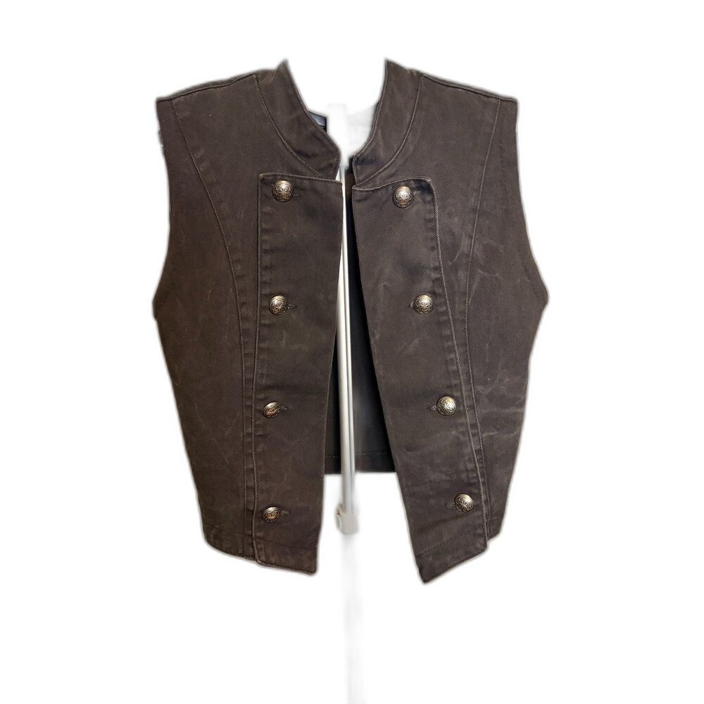 VNT Cactus Flower Black Distressed Denim Vest Medium Whimsigoth Rocker Edge